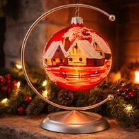 glas julekugle lanterne med fyrfadslys og vinterlandskab
